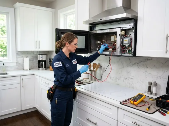 Appliance Repair Hero technician testing an over-the-range microwave in a Benton, LA kitchen